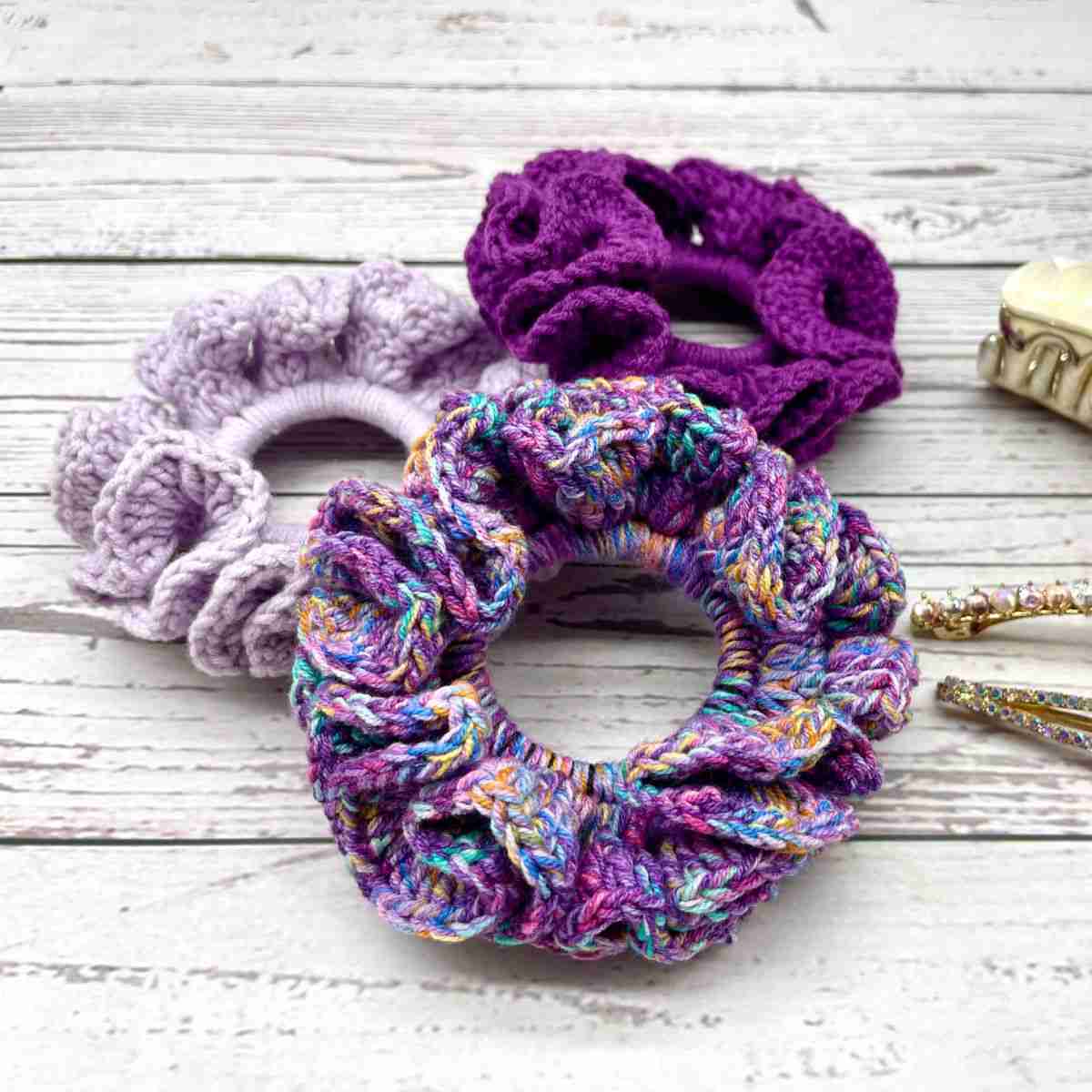 three crochet scruchies